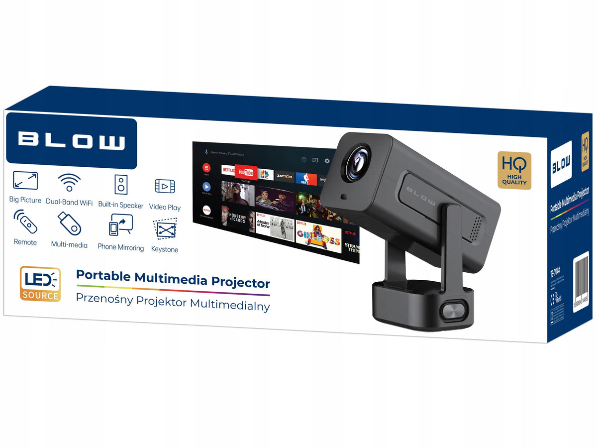 Nešiojamasis „BLOW“ projektorius „Android Smart TV“ su „Wi-Fi“, juodas, 720p, su garsiakalbiu