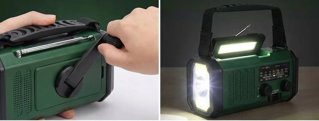 Nešiojamasis radijas su rankine dinamąja ir saulės įkrova, avarinis „Powerbank“ ir statybinis radijas