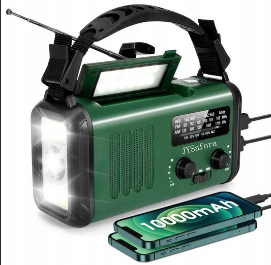 Nešiojamasis radijas su rankine dinamąja ir saulės įkrova, avarinis „Powerbank“ ir statybinis radijas