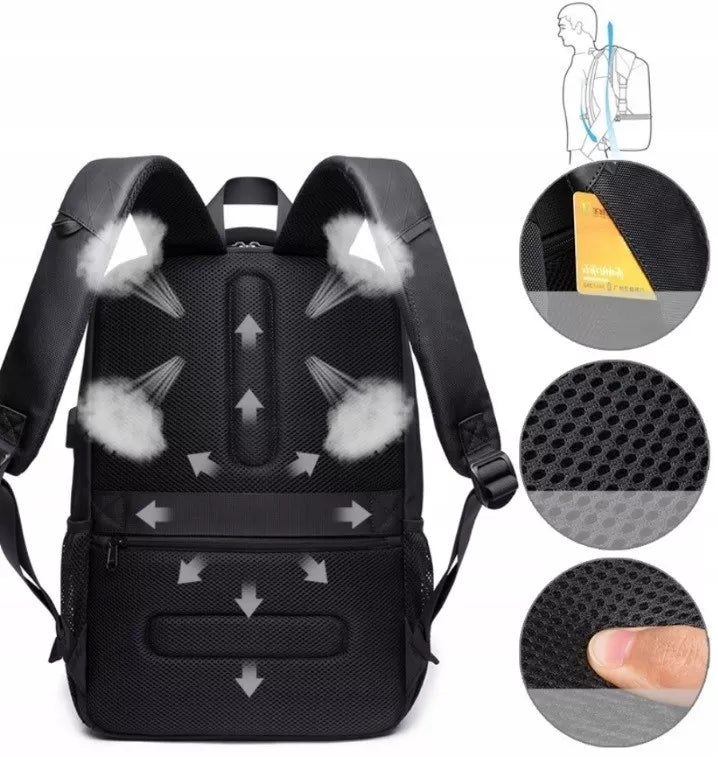 Nešiojamo kompiuterio kuprinė su USB (juoda) vandeniui atspari vyriška, mokyklinė, sportinė