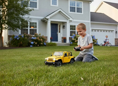 Nuotoliniu būdu valdomas automobilis RC su pulteliu, didelis geltonas Jeep Wrangler RS 1:14