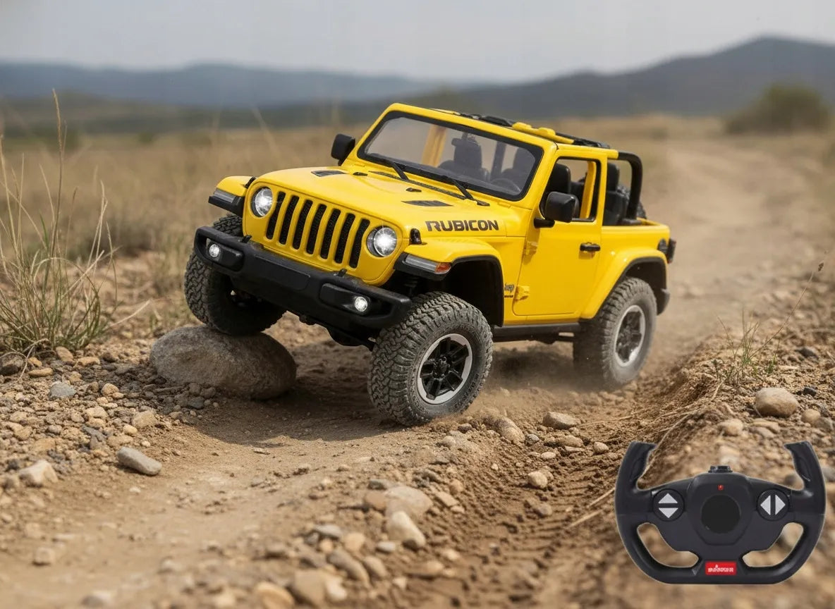 Nuotoliniu būdu valdomas automobilis RC su pulteliu, didelis geltonas Jeep Wrangler RS 1:14