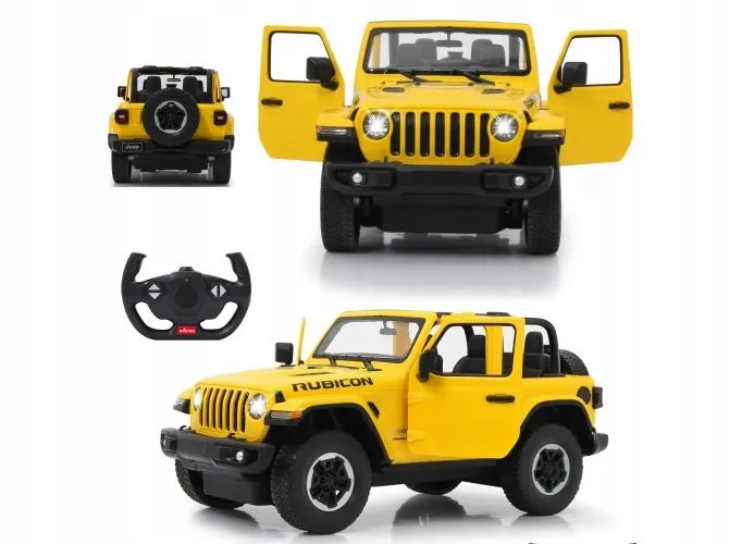 Nuotoliniu būdu valdomas automobilis RC su pulteliu, didelis geltonas Jeep Wrangler RS 1:14
