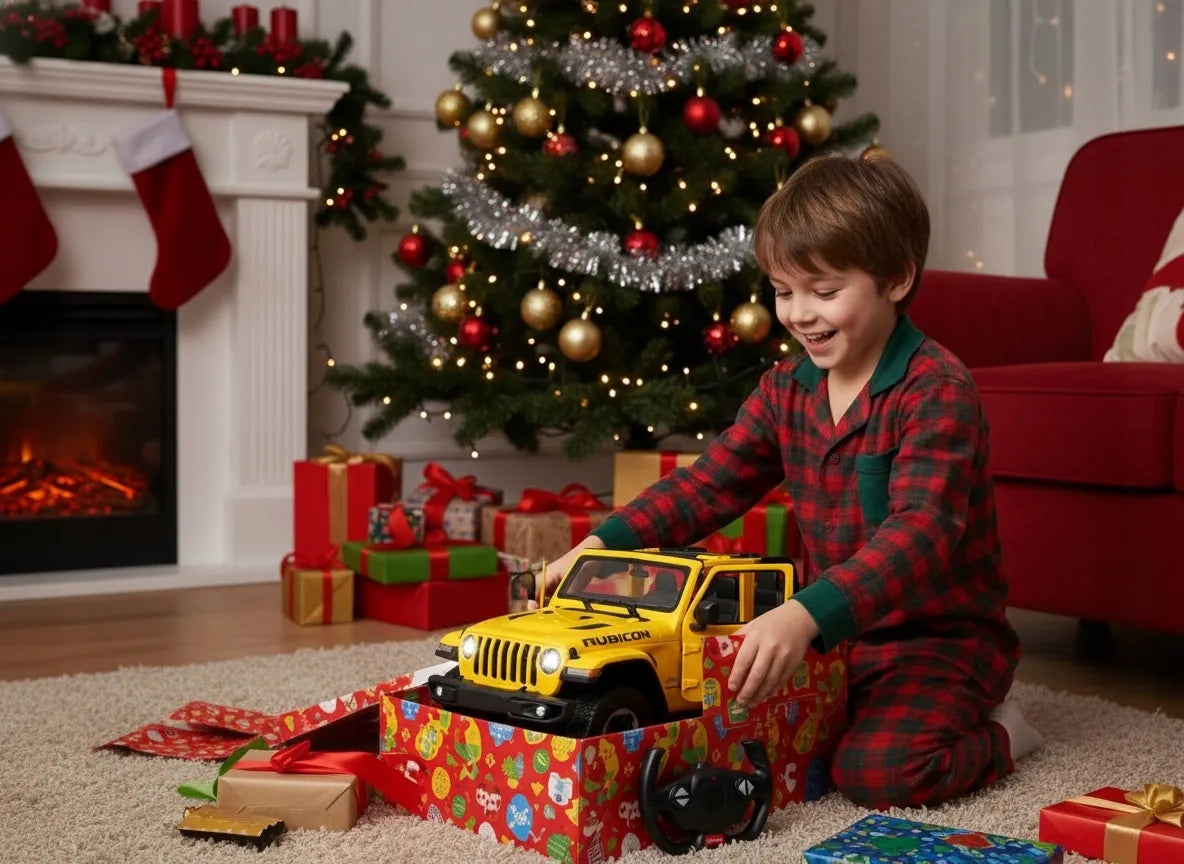Nuotoliniu būdu valdomas automobilis RC su pulteliu, didelis geltonas Jeep Wrangler RS 1:14