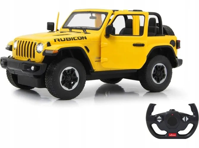 Nuotoliniu būdu valdomas automobilis RC su pulteliu, didelis geltonas Jeep Wrangler RS 1:14