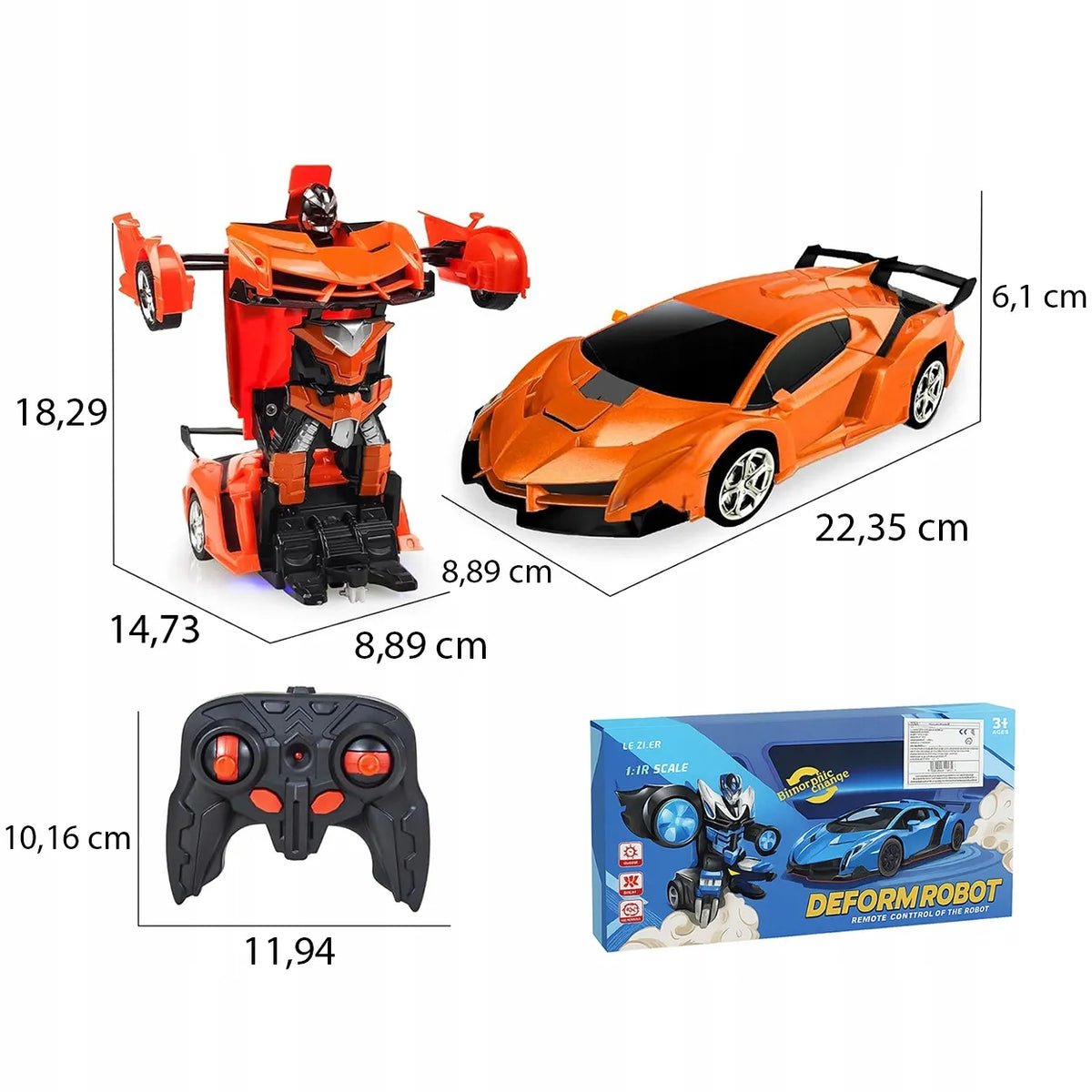 Nuotoliniu būdu valdomas automobilis-robotas „2 viename“, šviesos ir garsai, pultas, oranžinis