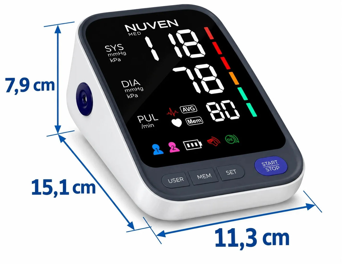 NUVEN žastinis kraujospūdžio matuoklis „Cardio Silver+“ su garsiniais pranešimais lenkų kalba, dideliu LCD ekranu, TUV