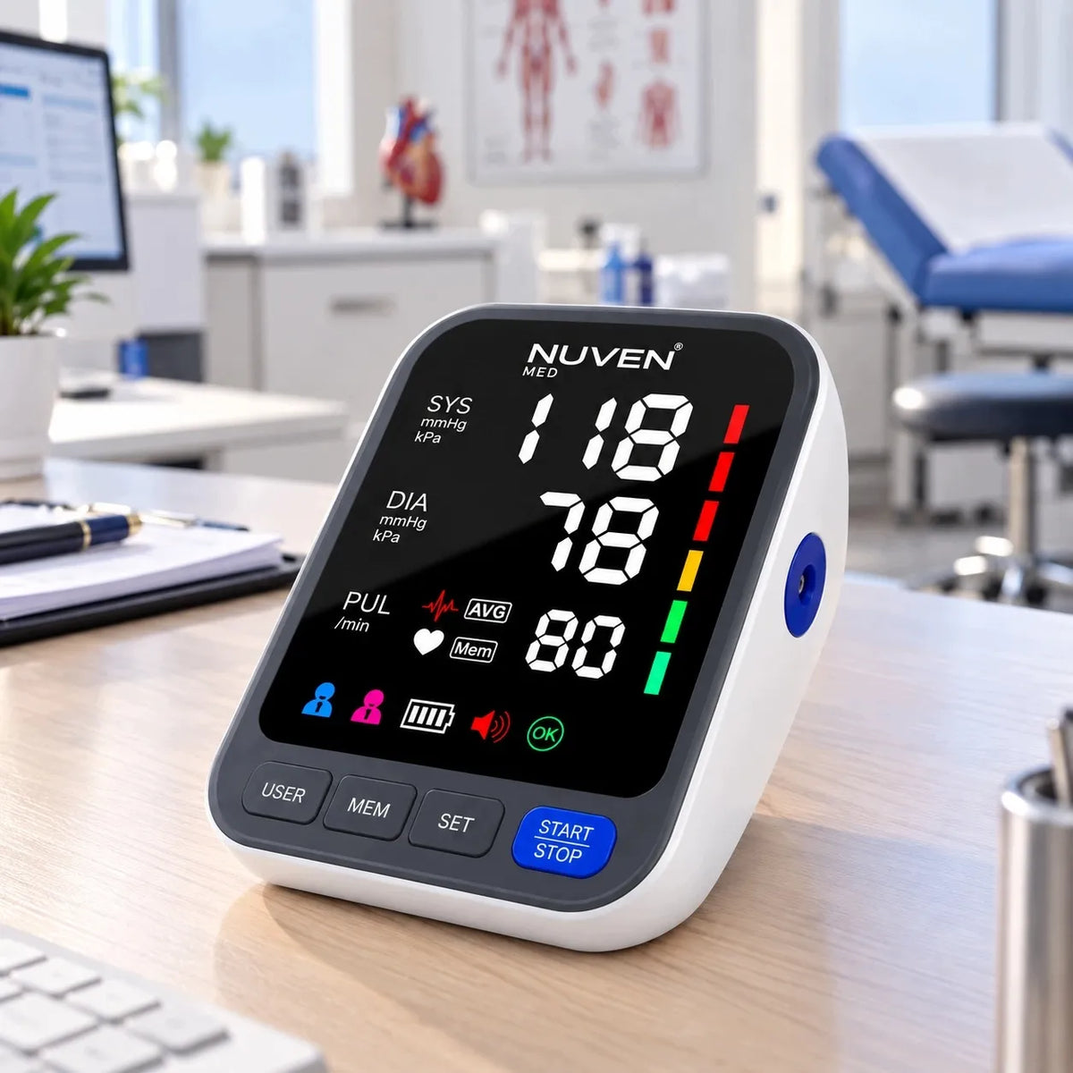 NUVEN žastinis kraujospūdžio matuoklis „Cardio Silver+“ su garsiniais pranešimais lenkų kalba, dideliu LCD ekranu, TUV