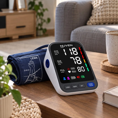 NUVEN žastinis kraujospūdžio matuoklis „Cardio Silver+“ su garsiniais pranešimais lenkų kalba, dideliu LCD ekranu, TUV
