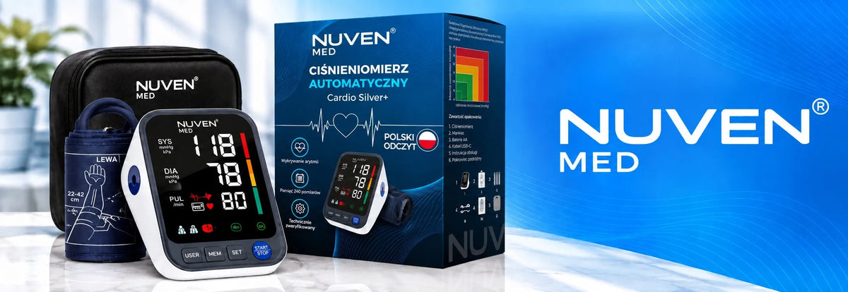 NUVEN žastinis kraujospūdžio matuoklis „Cardio Silver+“ su garsiniais pranešimais lenkų kalba, dideliu LCD ekranu, TUV