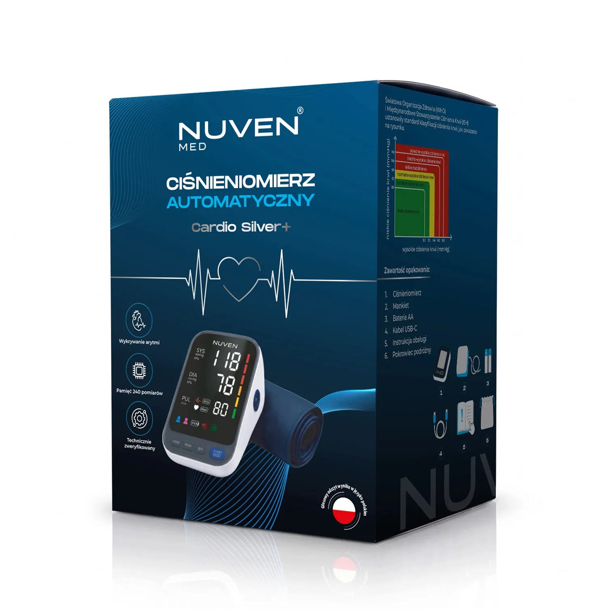 NUVEN žastinis kraujospūdžio matuoklis „Cardio Silver+“ su garsiniais pranešimais lenkų kalba, dideliu LCD ekranu, TUV