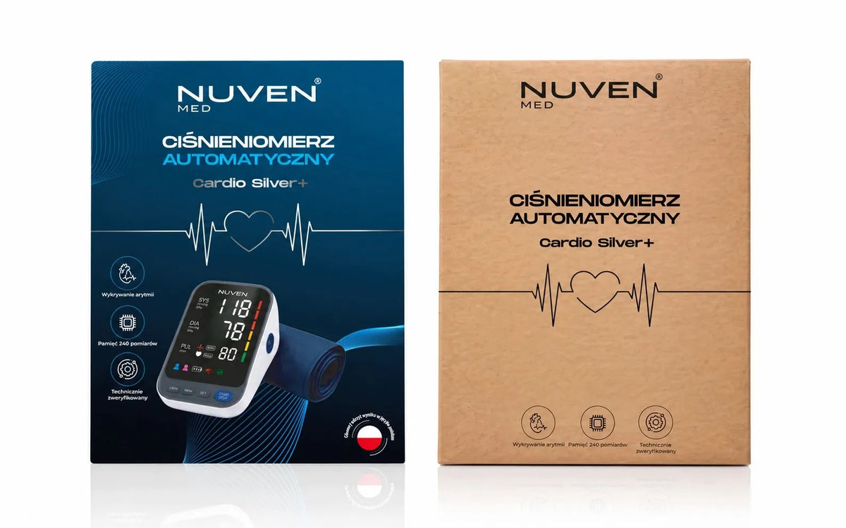 NUVEN žastinis kraujospūdžio matuoklis „Cardio Silver+“ su garsiniais pranešimais lenkų kalba, dideliu LCD ekranu, TUV