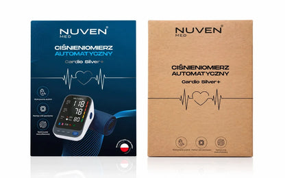 NUVEN žastinis kraujospūdžio matuoklis „Cardio Silver+“ su garsiniais pranešimais lenkų kalba, dideliu LCD ekranu, TUV