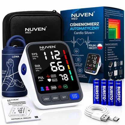NUVEN žastinis kraujospūdžio matuoklis „Cardio Silver+“ su garsiniais pranešimais lenkų kalba, dideliu LCD ekranu, TUV