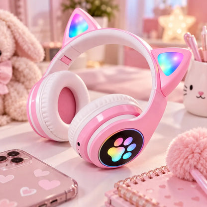 ONIKUMA belaidės ausinės Bluetooth 5.0 su LED katės ausimis, violetinės, vaikams