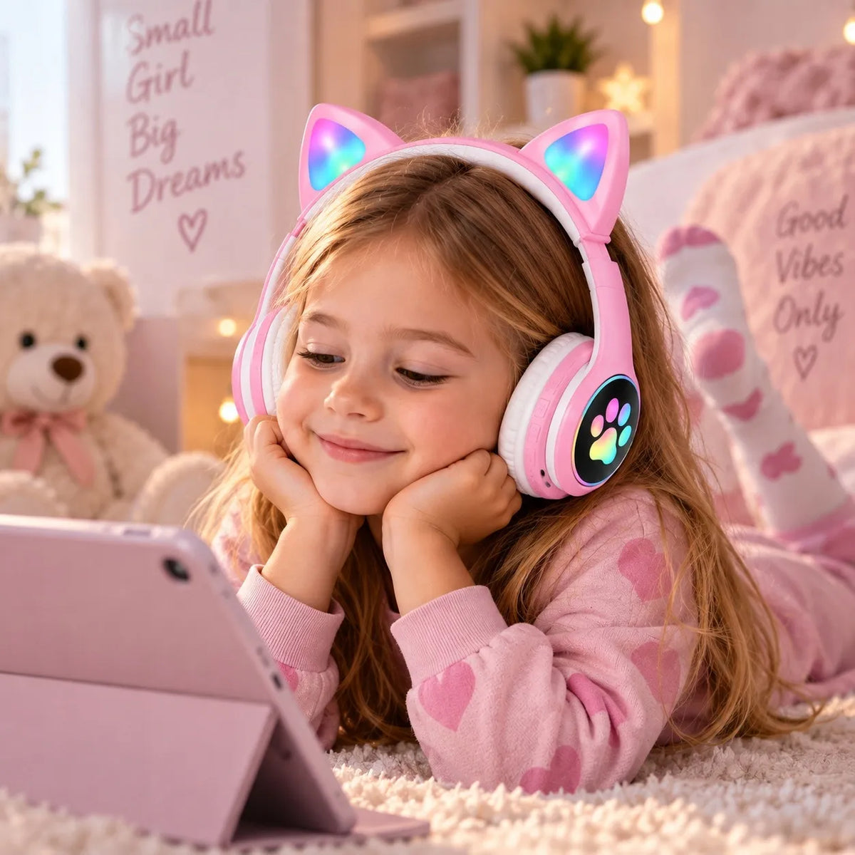ONIKUMA belaidės ausinės Bluetooth 5.0 su LED katės ausimis, violetinės, vaikams