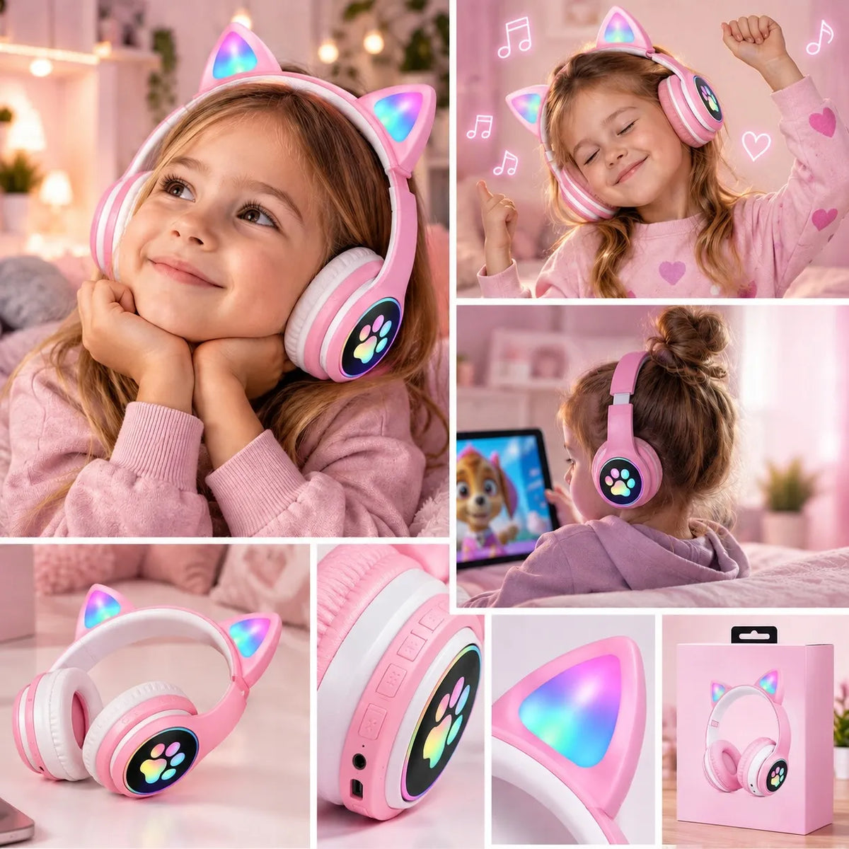 ONIKUMA belaidės ausinės Bluetooth 5.0 su LED katės ausimis, violetinės, vaikams