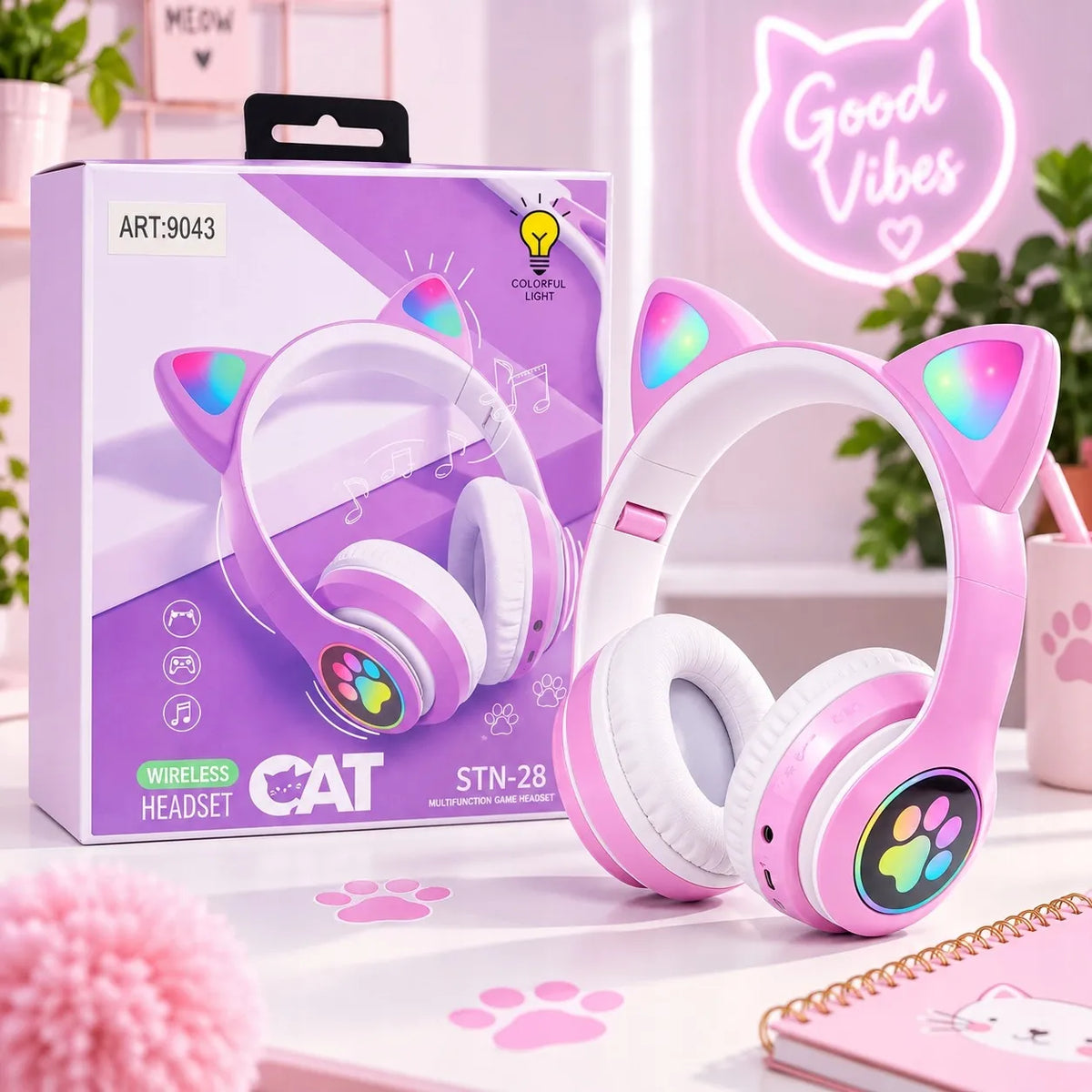 ONIKUMA belaidės ausinės Bluetooth 5.0 su LED katės ausimis, violetinės, vaikams