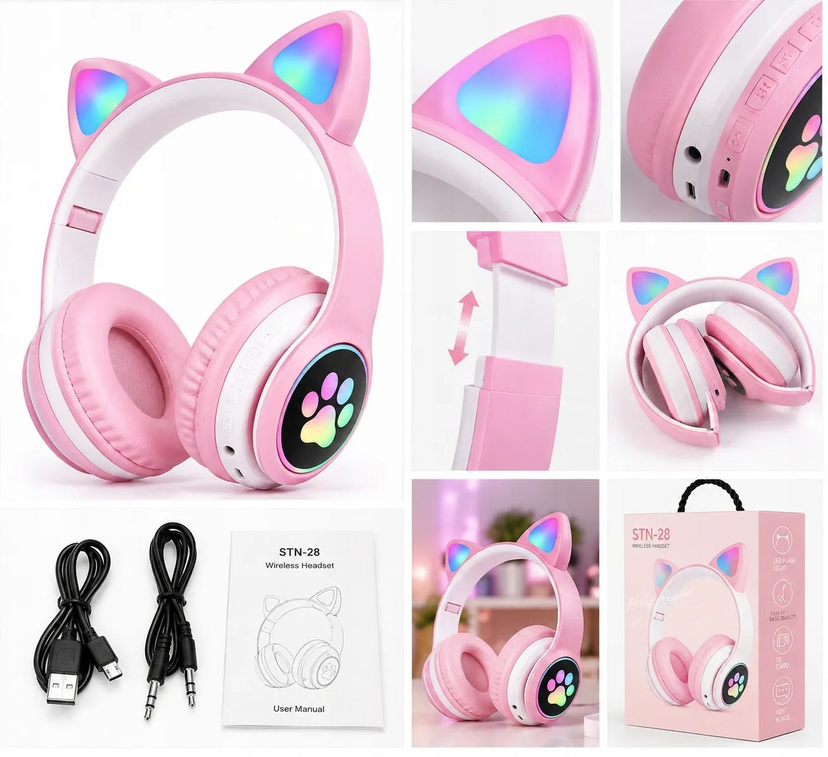 ONIKUMA belaidės ausinės Bluetooth 5.0 su LED katės ausimis, violetinės, vaikams