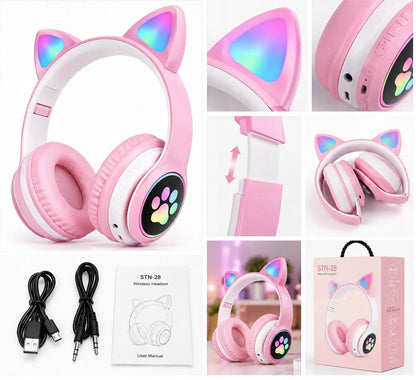 ONIKUMA belaidės ausinės Bluetooth 5.0 su LED katės ausimis, violetinės, vaikams