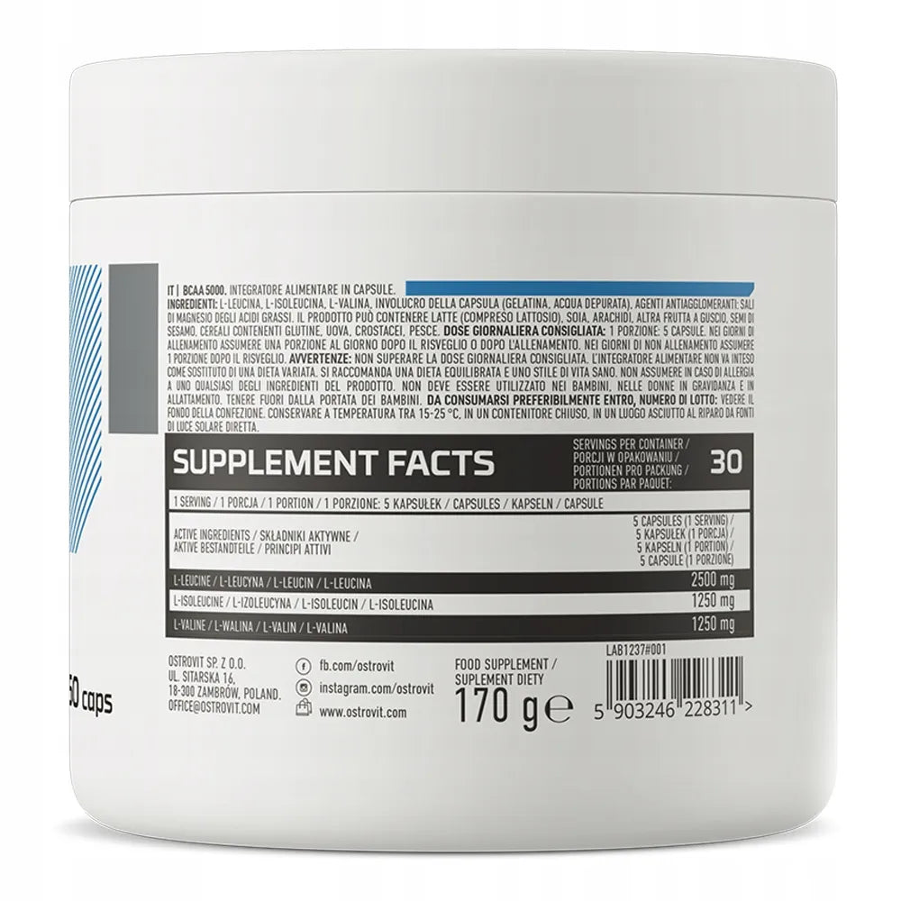 OstroVit BCAA 5000 mg, 150 kapsulių, aminorūgštys treniruotėms