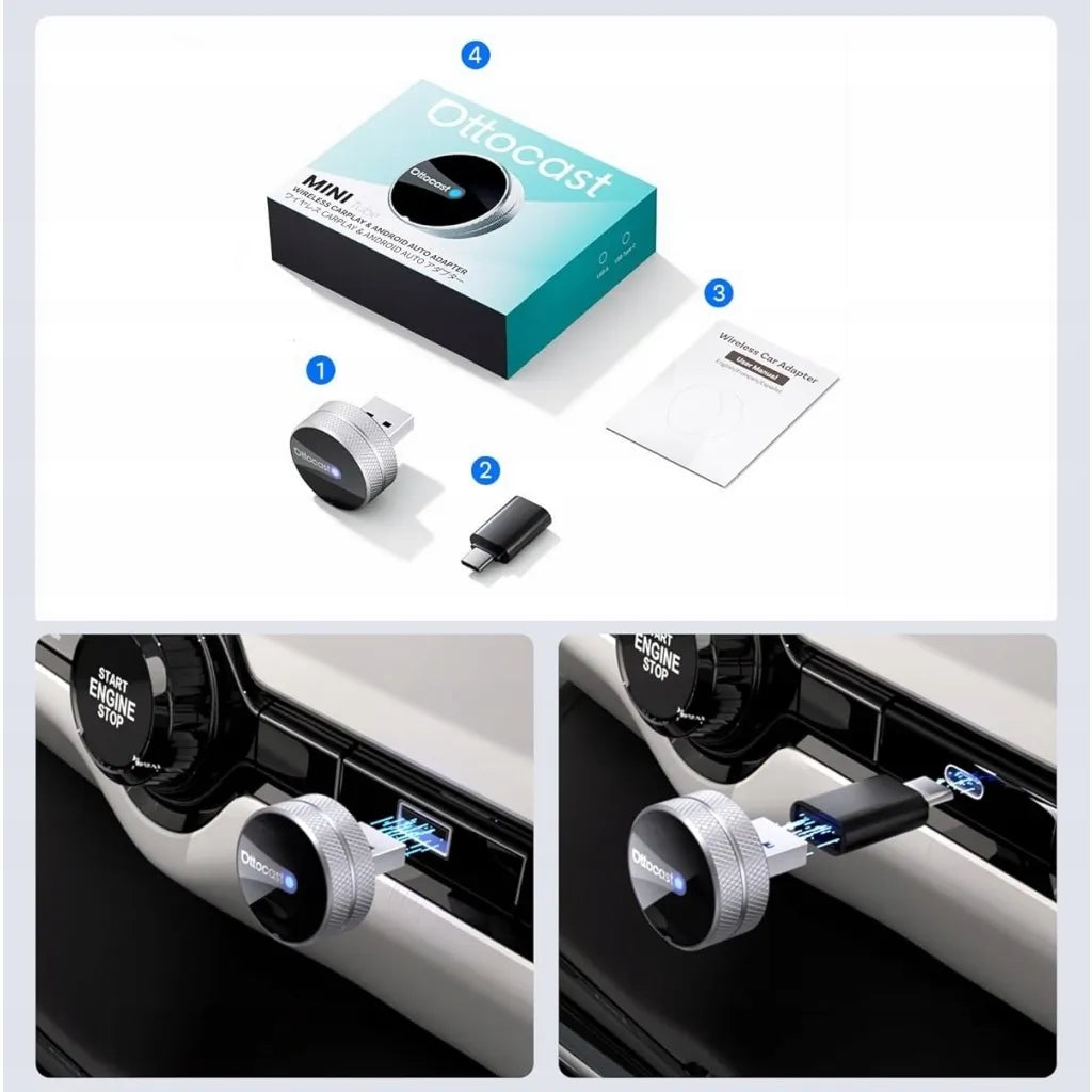 Ottocast Mini Slim Tube – belaidis CarPlay / Android Auto adapteris