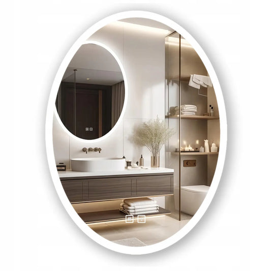 Ovalinis LED vonios veidrodis 60x80 cm su apšvietimu, sieninis, liečiamas