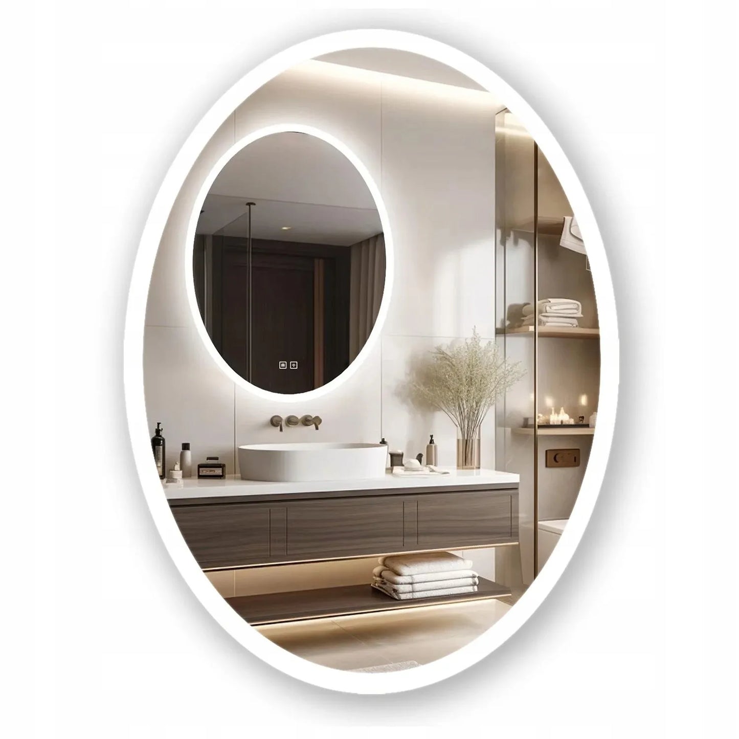Ovalinis LED vonios veidrodis 60x80 cm su apšvietimu, sieninis, liečiamas