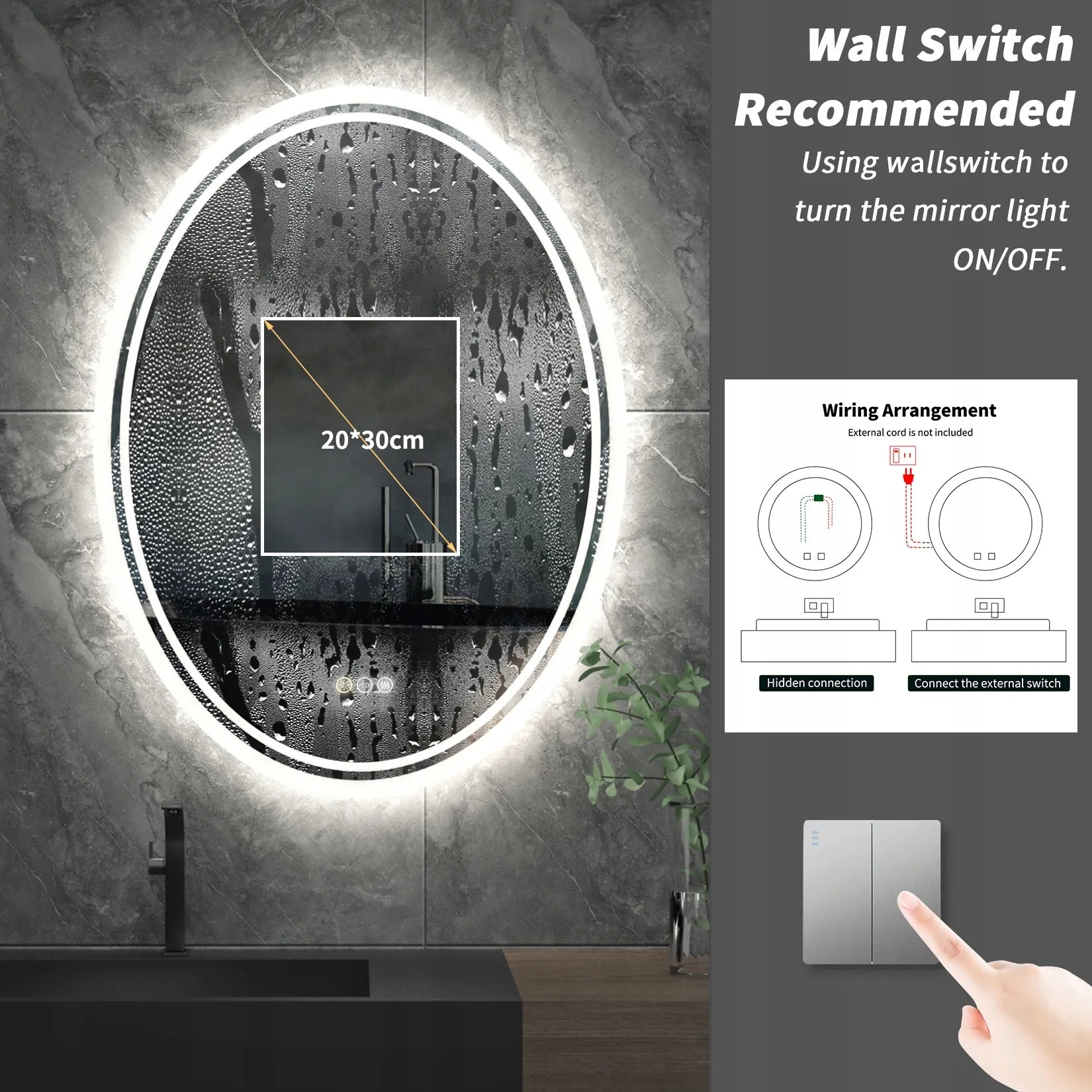 Ovalus sieninis LED veidrodis 50x70cm su apšvietimu