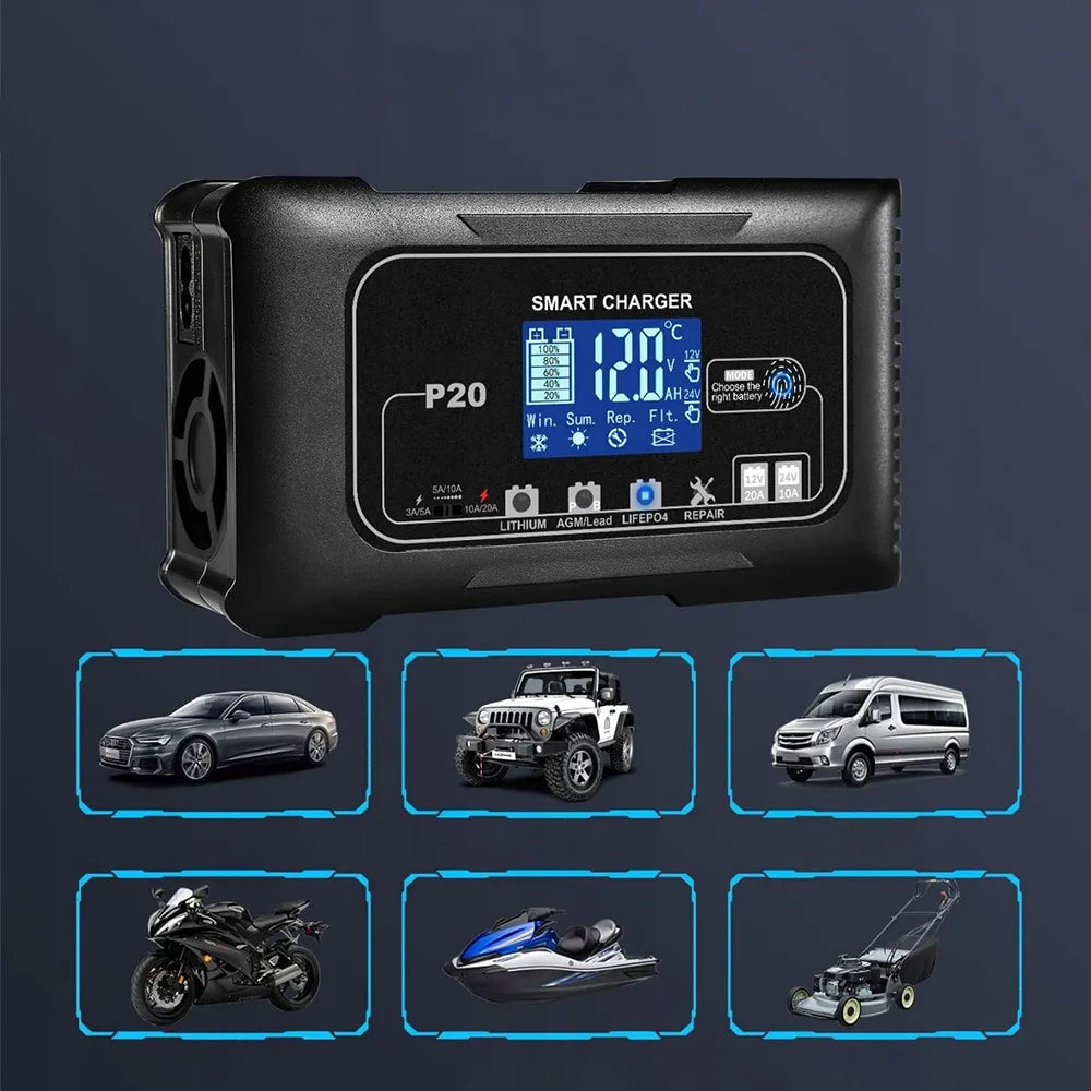 P20 20 A automatinis išmanusis akumuliatoriaus įkroviklis