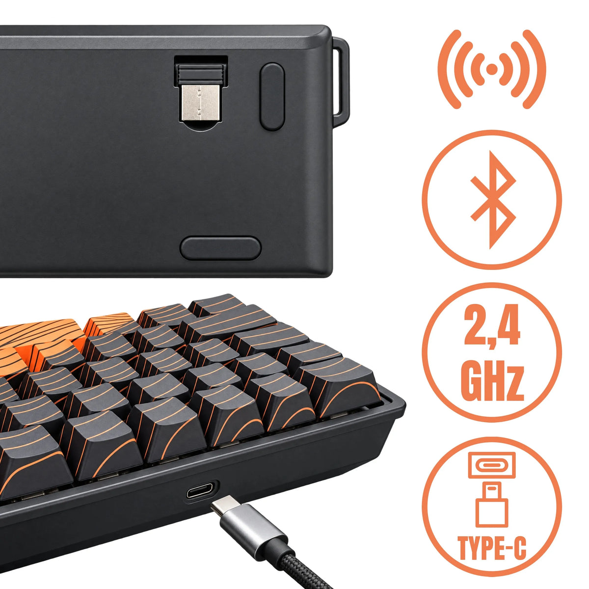 PANTHERISE VIBE belaidė mechaninė klaviatūra, Bluetooth, RGB LED, 68 klavišų, 2,4 GHz, USB-C, žaidimams