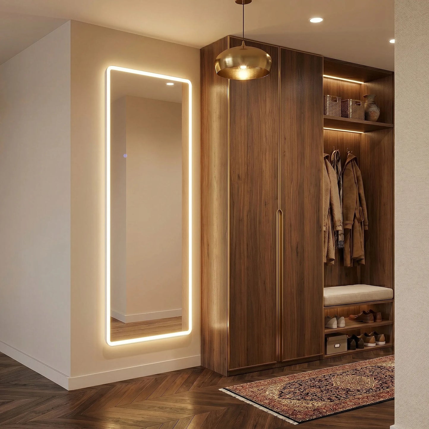 Pastatomas pakabinamas veidrodis su LED apšvietimu REA CLASSICO 60x170 cm baltu rėmu