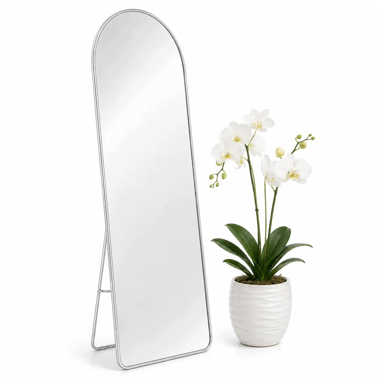 Pastatomas veidrodis 160 × 50 cm, didelis grindinis veidrodis su sidabriniu metaliniu rėmu
