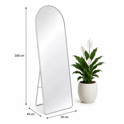 Pastatomas veidrodis 160 × 50 cm, didelis grindinis veidrodis su sidabriniu metaliniu rėmu