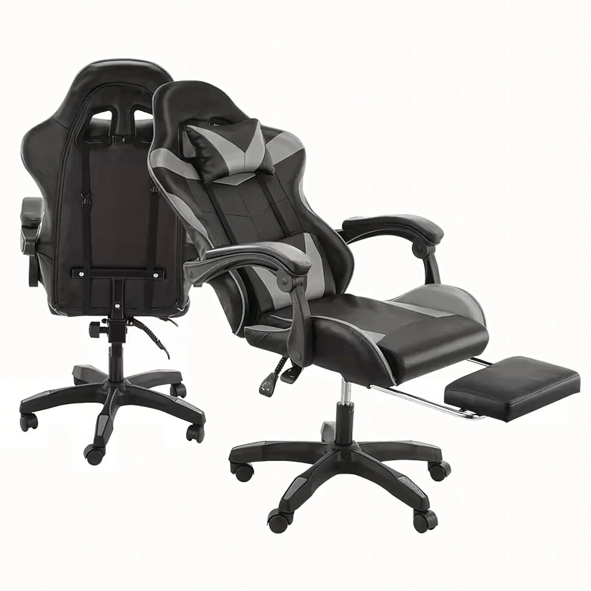 Pasukama gaming kėdė su kojų atrama, kaušo formos, iki 150 kg, pilka ir juoda
