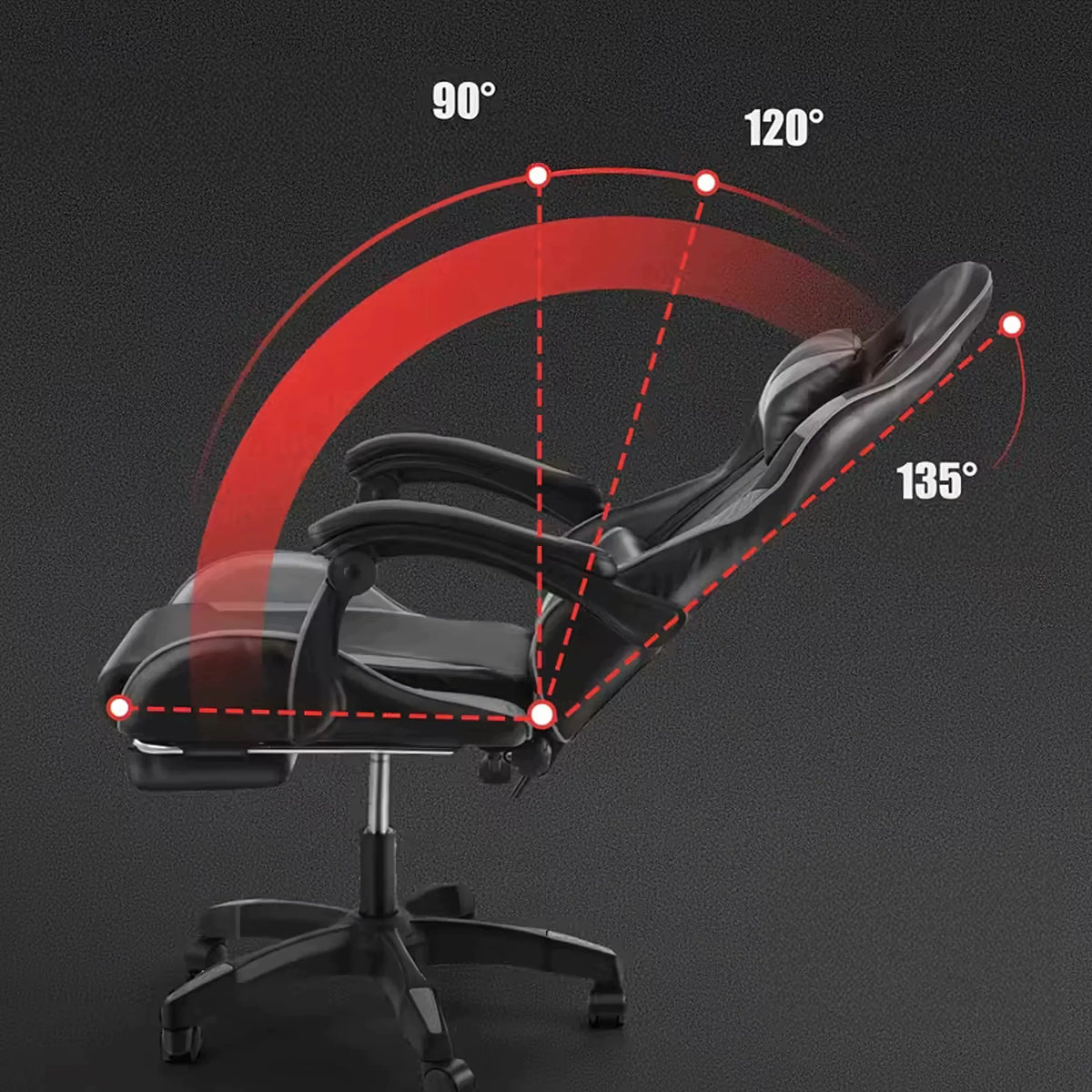 Pasukama gaming kėdė su kojų atrama, kaušo formos, iki 150 kg, pilka ir juoda