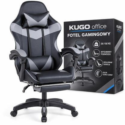 Pasukama gaming kėdė su kojų atrama, kaušo formos, iki 150 kg, pilka ir juoda