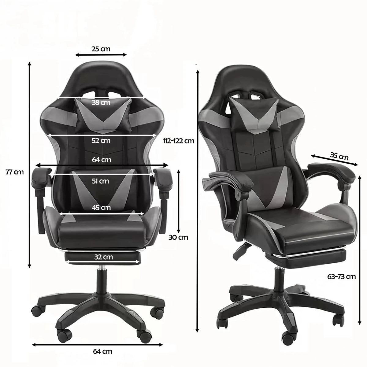 Pasukama gaming kėdė su kojų atrama, kaušo formos, iki 150 kg, pilka ir juoda