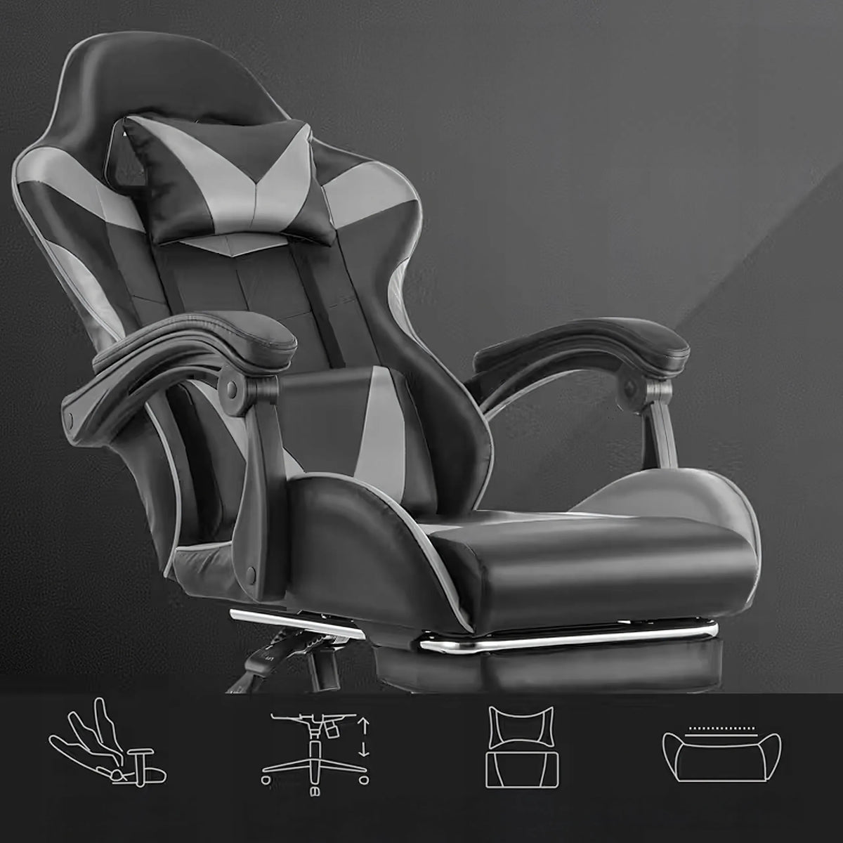 Pasukama gaming kėdė su kojų atrama, kaušo formos, iki 150 kg, pilka ir juoda