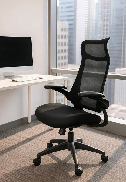 Patogi juoda biuro kėdė Giosedio FHX004 reguliuojami porankiai ergonomiška