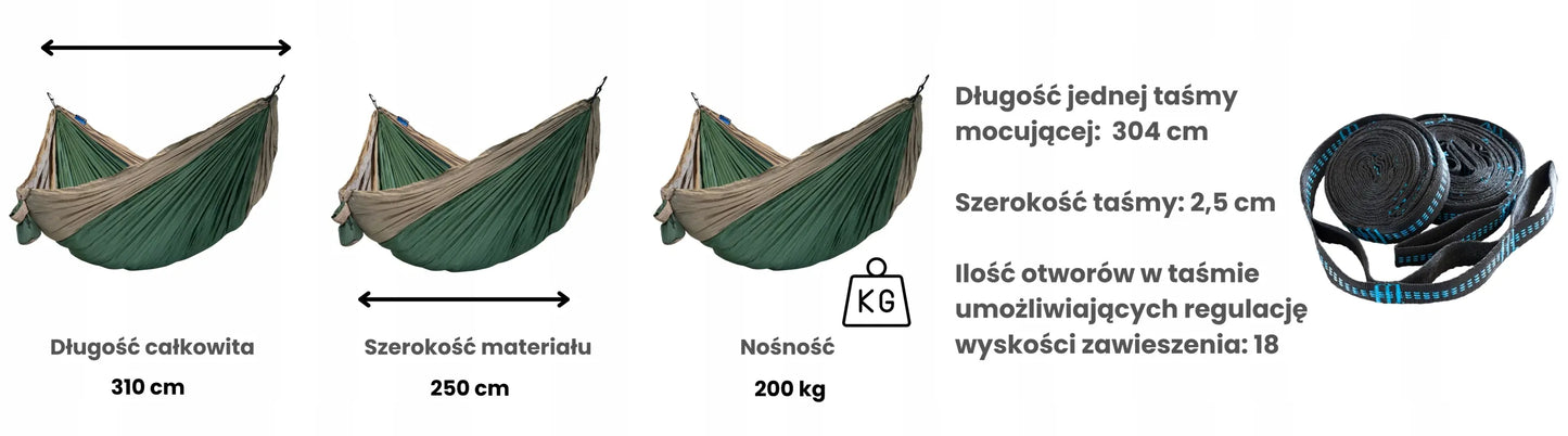 Patogus lengvas turistinis hamakas su diržais ir karabinais POTENZA žalias