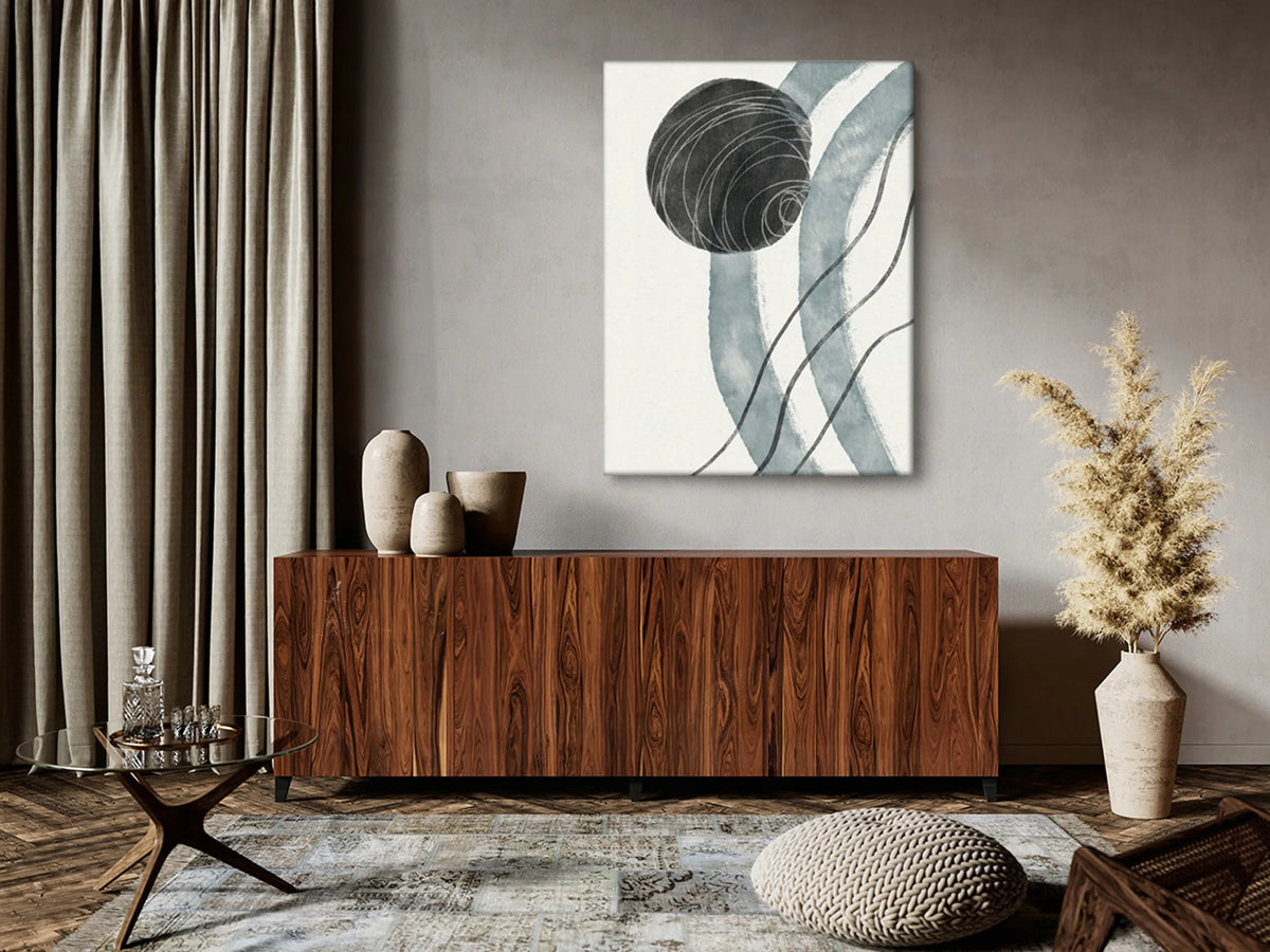 Paveikslas ant drobės 60 × 80 cm, abstrakcija, balta ir pilka, minimalistinis apskritimo motyvas C041
