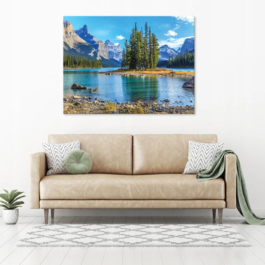 Paveikslas ant drobės „Kalnai ir ežeras“ – gamtos peizažas miegamajam ar svetainei, 100 × 70 cm