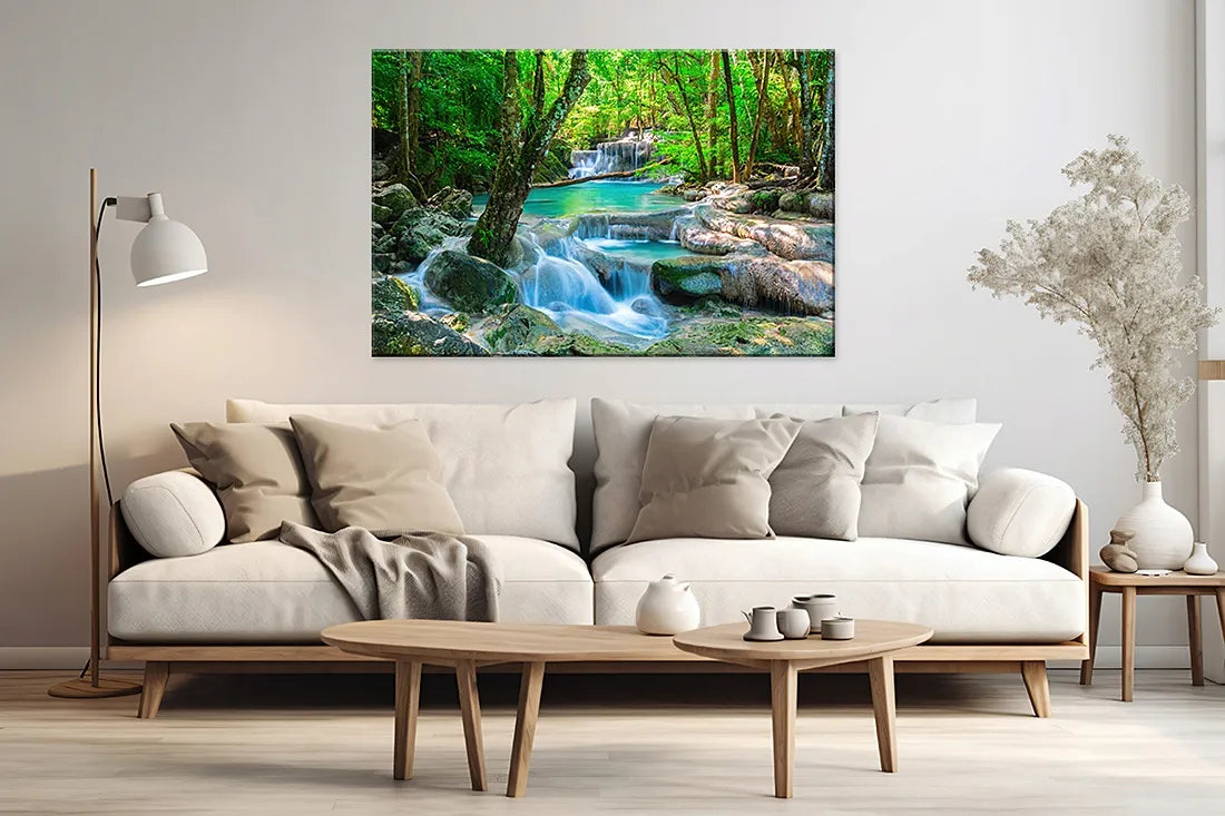 Paveikslas ant drobės – krioklys, upė, miškas, 120 × 80 cm