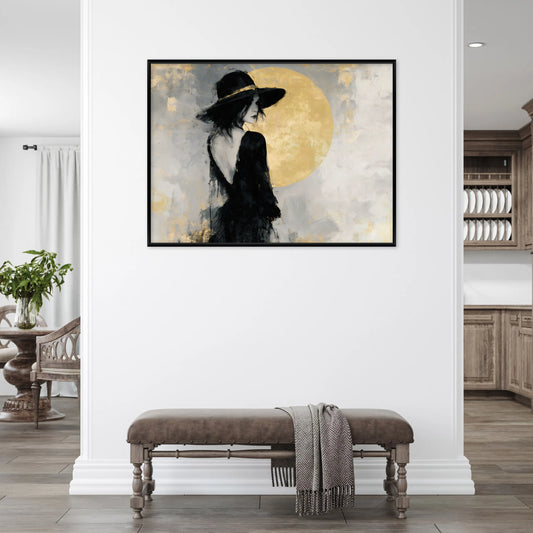 Paveikslas ant drobės su juodu rėmu, moteris su skrybėle, svetainei ir miegamajam, 120 × 80 cm