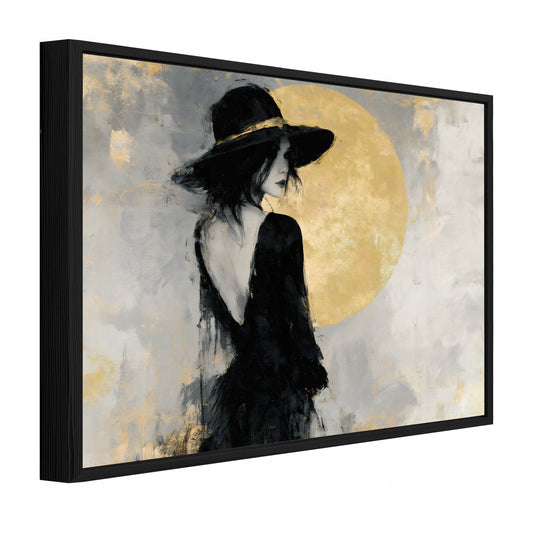 Paveikslas ant drobės su juodu rėmu, moteris su skrybėle, svetainei ir miegamajam, 120 × 80 cm