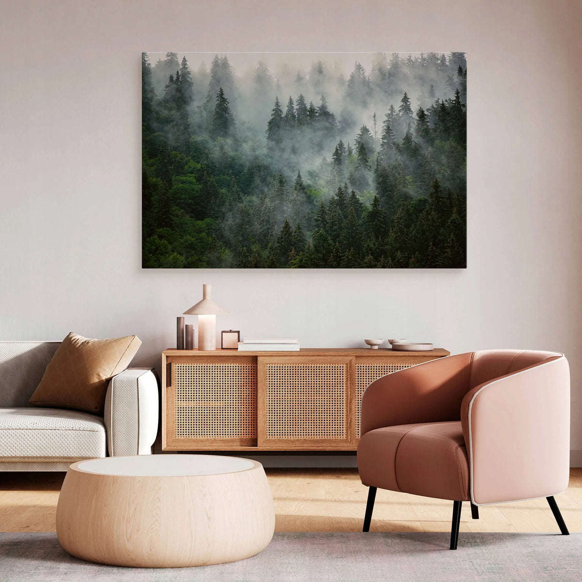 Paveikslas miegamajam ir svetainei „Miškas rūke, kalnai, gamta“ ant drobės, 120 × 80 cm