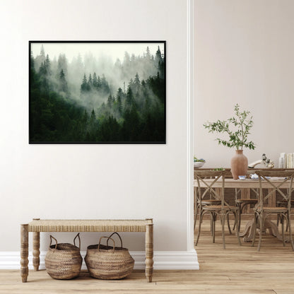 Paveikslas su juodu rėmu ant drobės „Miškas rūke“, gamtos peizažas svetainei ir miegamajam, 120 × 80 cm