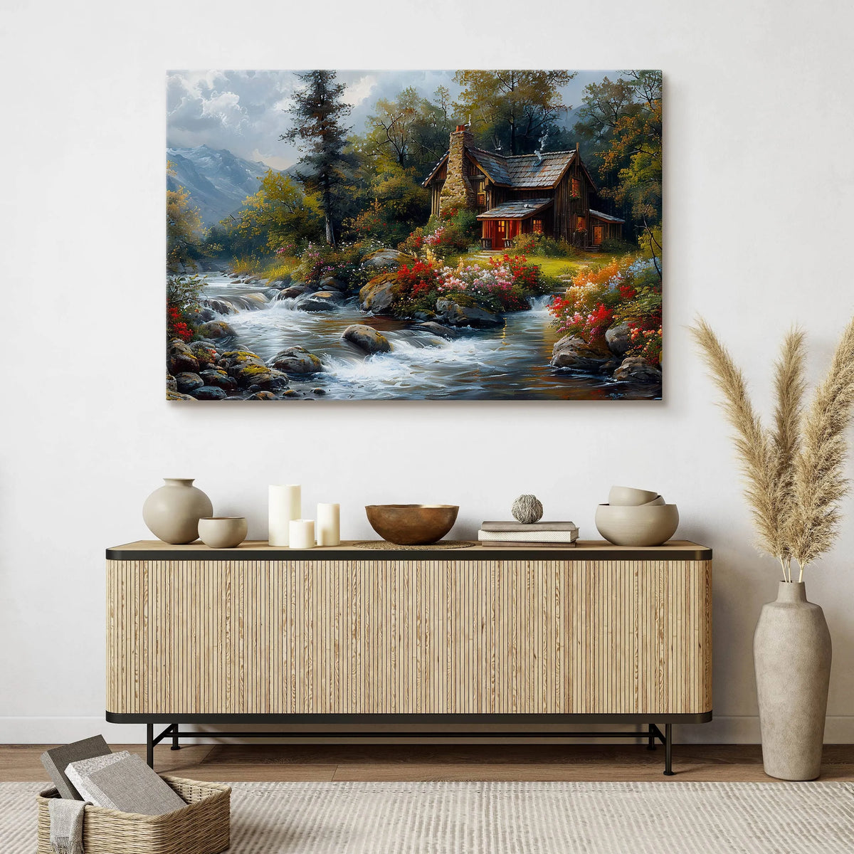 Paveikslas svetainei ir valgomajam „Kalnų trobelė, kalnai, gėlės, kraštovaizdis, gamta“, 120 × 80 cm