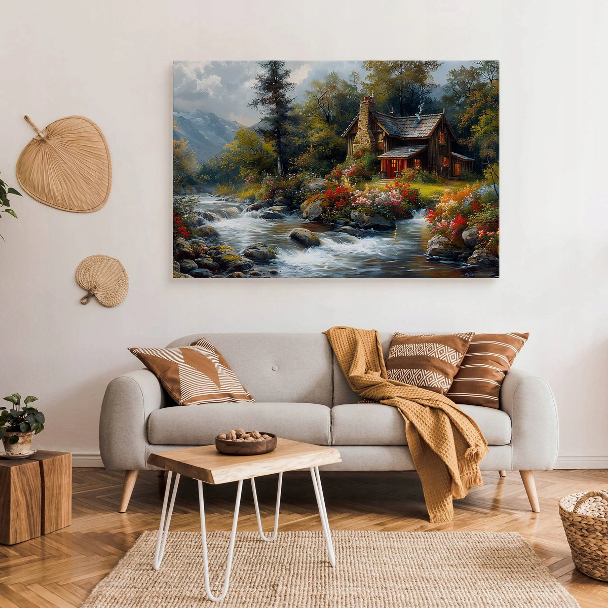Paveikslas svetainei ir valgomajam „Kalnų trobelė, kalnai, gėlės, kraštovaizdis, gamta“, 120 × 80 cm